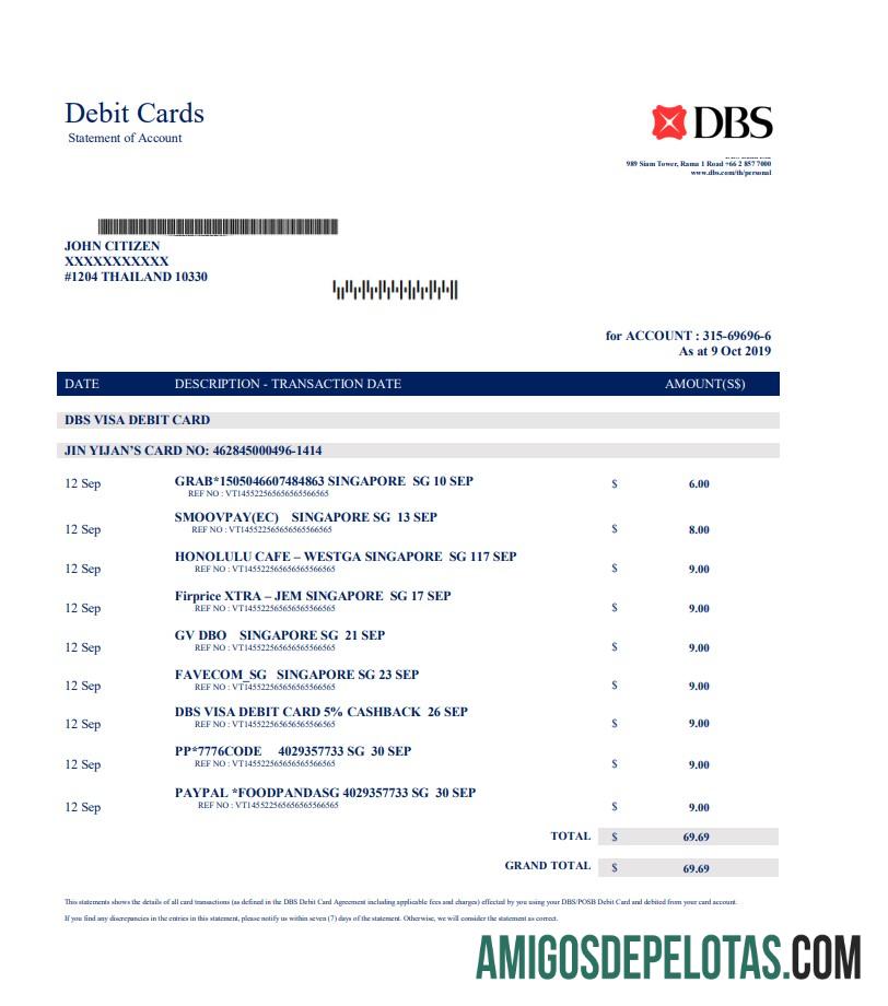 Modelo realista de comprovante de endereço do banco DBS da Tailândia em formato Word e PDF